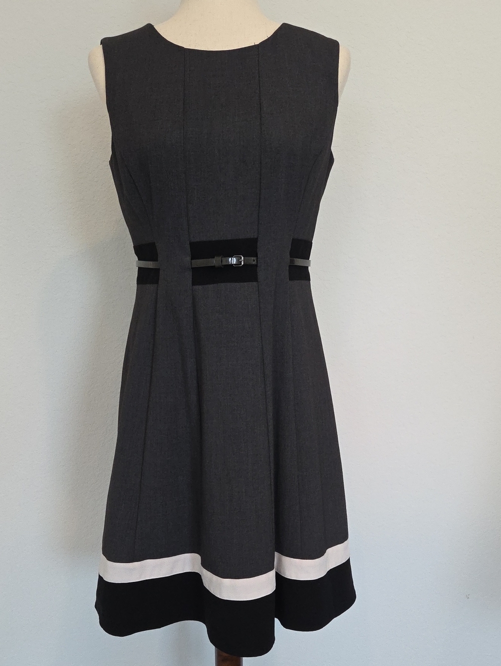 Calvin Klein Dark Gray Sleeveless A-Line Black White Dress Belt  Mod Mad Men 8p